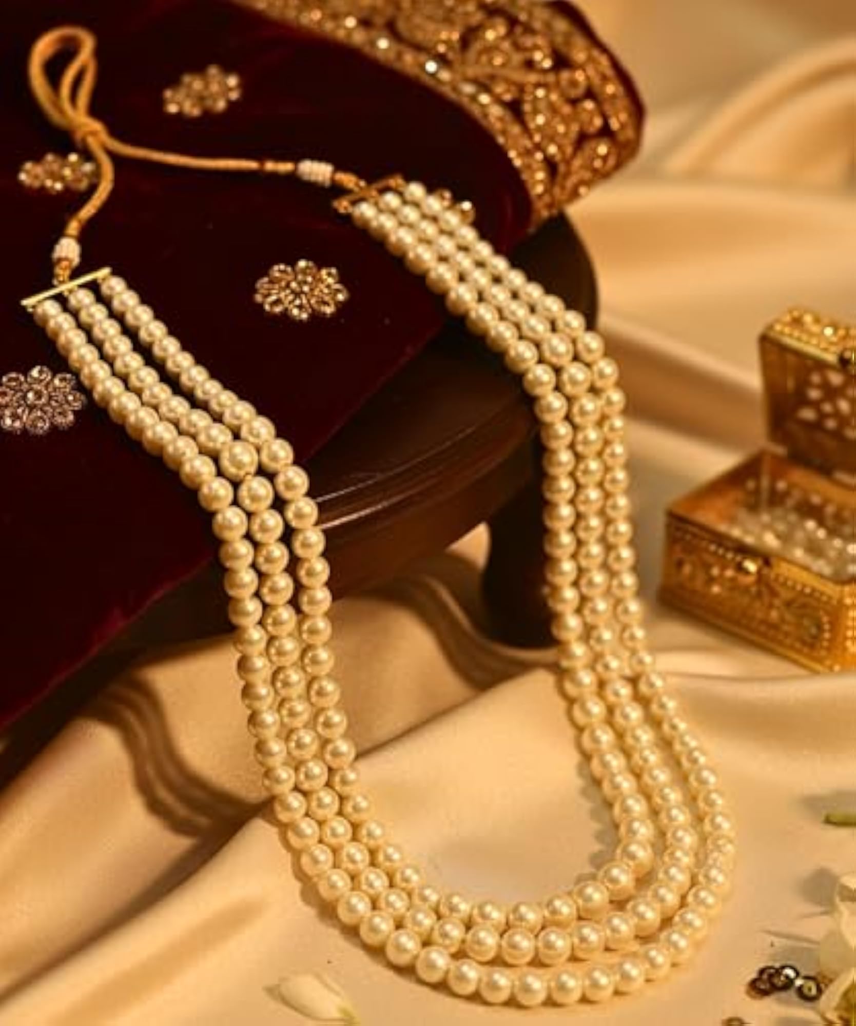 Layered Long Pearl Mala Necklace for Groom Men