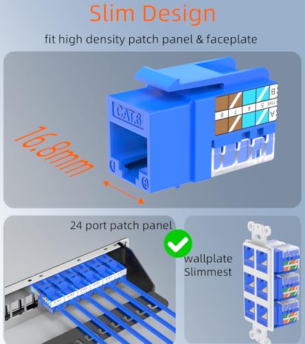 Rapink RJ45 Keystone Jack Cat6 10G Support, Keystone Jacks UTP 25 Pack for Wall Plate and Patch Panel, Rj45 Keystone 90 Degree Blue Color for Cat6, Cat5e, Cat5 Cabling - Thumbnail 2