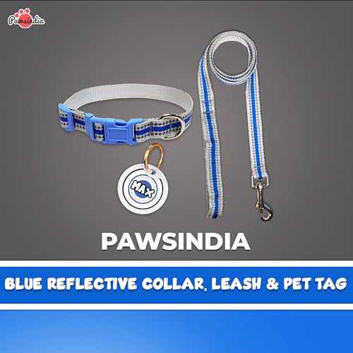 Image of Pawsindia Leash and Collar with Name Tag for Dogs, Reflective Blue 0.75 Inche Width Adjustable Collar and 4 Feet Heavy Duty Leash with Customize Nametag