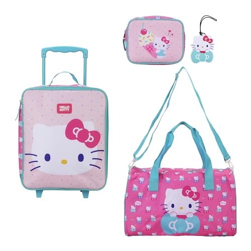 Bioworld Hello Kitty Kids 4-Piece Travel Set With Suitcase Duffle Bag Toiletries Case and Luggage Tag