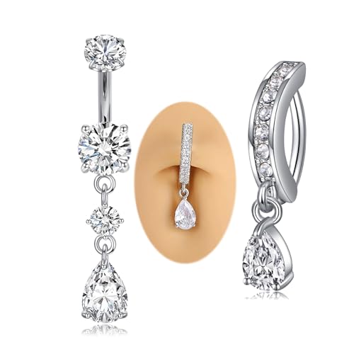 MODRSA Dangle Belly Button Ring Dangling Silver Dangly Belly Piercing Jewelry Hypoallergenic Surgical Steel Navel Rings for Women Clicker Navel Piercings 2pcs