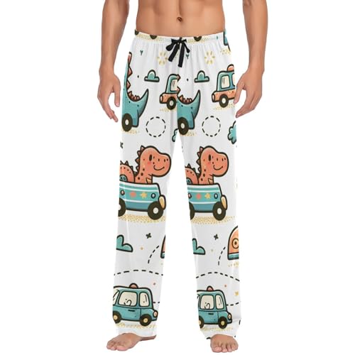 Men's Pajama Pants Cute Dinosaurs Drive Cars Sleep Pajama Lounge Pant with Pockets, Elastic Waistband