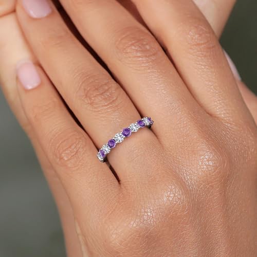 Gem Stone King 1.00 Cttw Eternity Band Ring For Women | 925 Sterling Silver | 3MM Purple Amethyst and 3MM White Created Sapphire | Round 3MM | Gemstone Birthstone | Available In Size 5, 6, 7, 8, 94