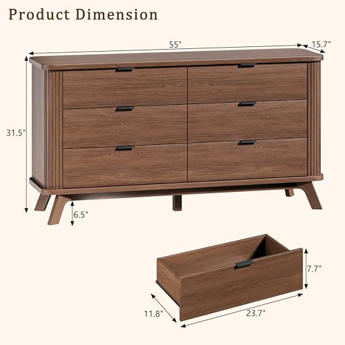 Image of HUAHUU Fluted 6 Drawers Dresser for Bedroom, 55 inch Mid Century Modern Dresser & Chests of Drawers, Curved Profile Design, Dresser TV Stand, for Entryway, Hallway, Walnut
