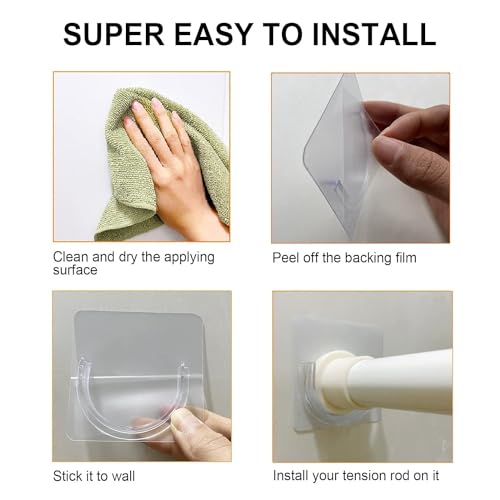 Image of Transparent Self Adhesive Curtain Rod Holders, No Drill Nail Free Adjustable Brackets for Bathroom, Kitchen, Living Room & Hotel Use, Strong Wall Mount Support Hooks, Pack of 8, Heavy Duty