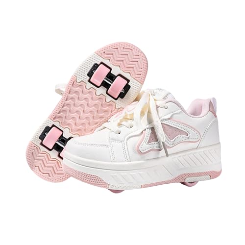 Hixingo Zapatillas con Ruedas, Multifuncionales Zapatillas Patines, Resistente al Desgaste Calzado de Skateboarding Multifuncional 2 en 1 para Principiantes, Niños (Lazo Rosa,36)
