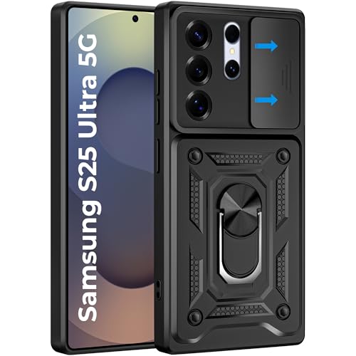 Image of A rtistque Armor Bumper Back Case Cover for Samsung Galaxy S25 Ultra 5G | Stylish Ring Holder & Inbuilt Stand | Sliding Camera Cover | Shockproof TPU Protective Design | S25 Ultra Back Cover - Black