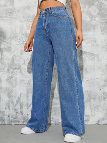 Image of GRECIILOOKS High Waist Jeans for Women - Wide Leg Straight Fit Denim | Baggy Cargo Style Casual Pants for Girls & Daily College Wear