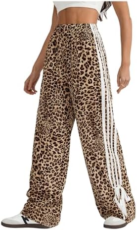 Floerns Women's Y2K Bow Striped Leopard Print Pants Elastic High Waisted Wide Leg Trousers Coffee Brown Tall-M