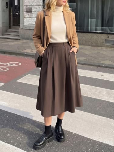 Image of Casly Lamiit A-Line Midi Skirts for Women Business Skirt | Elastic High Waisted, Pleated with Pockets, Work Skirts Casual