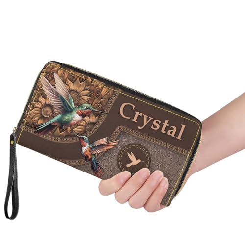 Image of Bulopur Custom Name Wallet for Women Hummingbird Zip Around Wristlet Purses PU Leather Waterproof Minimalist Wallet Long Handbags Coin Cash Holder for Travel Shopping Work