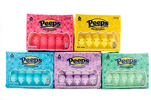 Marshmallow Peep Chicks Easter Colors - 5 Packs of 10 - Yellow, Lavender, Pink, Green, and Blue Chicks - Classic Marshmallow Candy - Decorative Seasonal Peeps