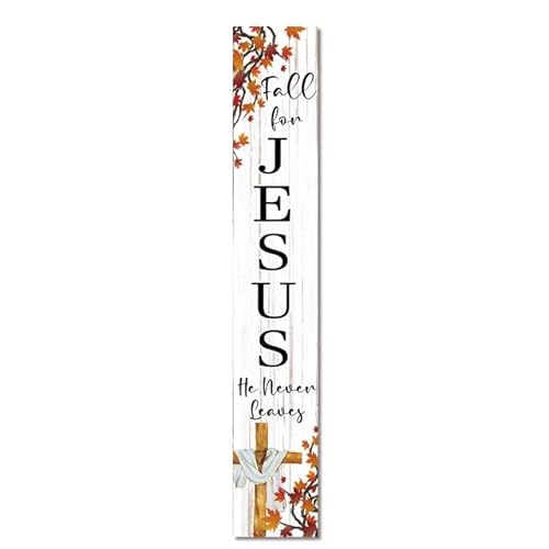 Leveeno Christian Porch Sign Jesus Outdoor Welcome Wooden Decor Fall for Jesus Vertical Hanging Signs for Front Door Farmhouse Home Yard 48x8 Inch