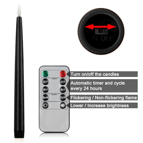 Image of CVHOMEDECO. Flameless Taper Candles with 10-Key Remote, Battery Operated Led Flickering 3D Wick Window Candles Real Wax Finished Home Christmas Party Decor 0.78 x 11 Inch, Pack of 2, Black