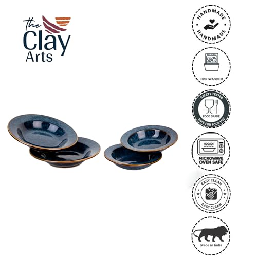 Image of Premium Pasta Plate, Ceramic Plate for Pasta, Round & Deep Dish, Microwave & Dishwasher Safe, Handmade Stoneware, Rustic Blue, Set of 4, 2 Large (9 Inch) & 2 Small (7 Inch)