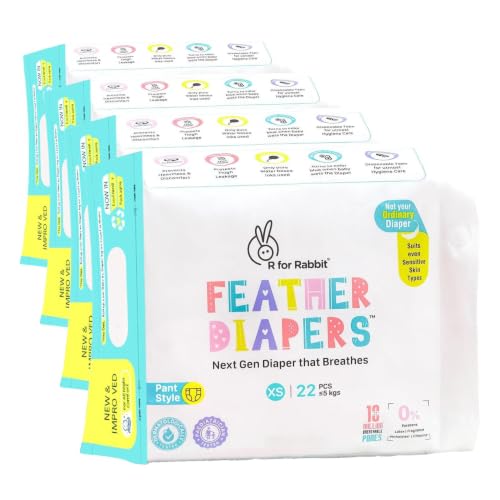 Image of R for Rabbit Pant Style Feather Diaper XS Newborn (NB) Size for Baby 0 to 5 kgs 22 Units (22 Count, Pack Of 4)