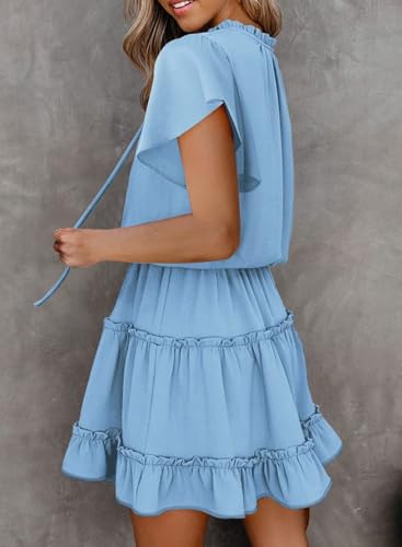 Image of Dokotoo Womens Spring Summer 2025 Short Sleeve Split V Neck Ruffle Chiffon Elegant Mini Short Skirt Dresses
