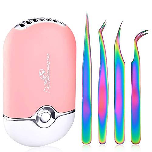 Eyelash Extension Tool Set, 4 PCs Stainless Steel Precision Tip Tweezers & 1 PC Mini Portable Air Conditioning Fan For Lash Extension