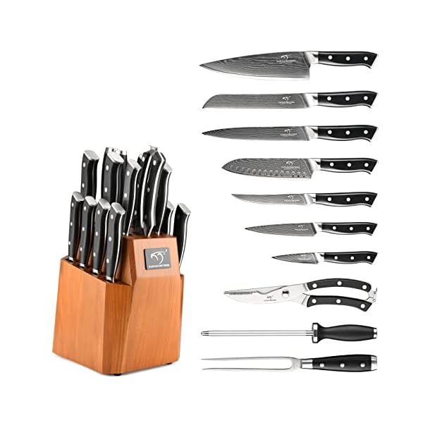 Kitchen Knife Set, 18Piece Damascus Kitchen Knife Set with Block, ABS