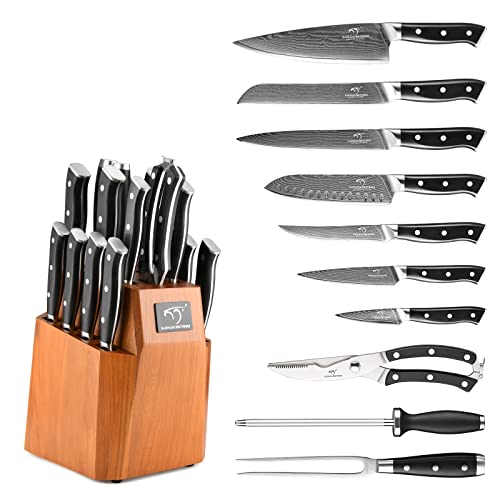 Kitchen Knife Set, 18Piece Damascus Kitchen Knife Set with Block, ABS Ergonomic Handle for Chef