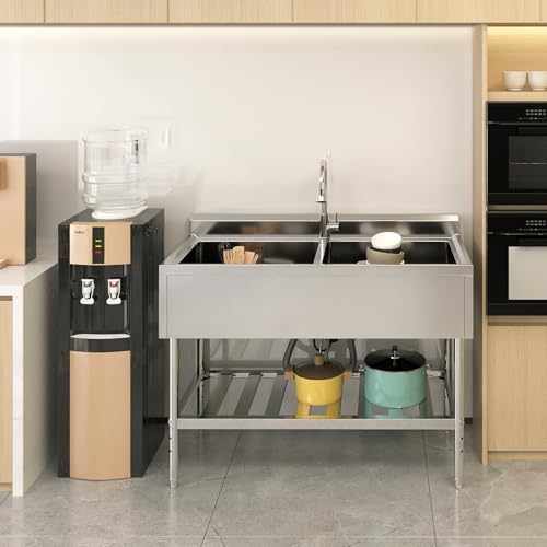 Toemics Stainless Steel Utility Sink, 47\'\' Free Standing DoubleBowl Kitchen Sink with Cold and Hot Water Pipe, Indoor and Outdoor for Laundry Room Farmhouse Kitchen(47inch) - Thumbnail 7