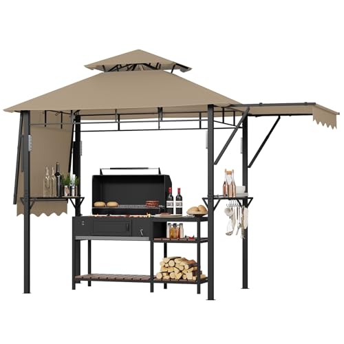 13x4 ft Grill Gazebo, Double Tired Outdoor Patio Canopy Tent with Dual Side Awning Shelves, 4 LED Lights,10 Hooks & Bottle Opener, Heavy Duty Steel Fr