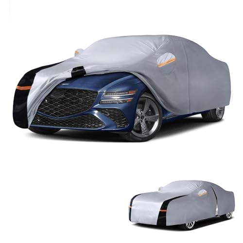 Image of Multi-Layer Car Cover Custom Fit for Genesis G80 (2016-2026), 100% Waterproof All Weather for Automobiles, Gift with Towel, Heavy Duty Car Covers for Rain Sun UV Protection with Door Zipper.