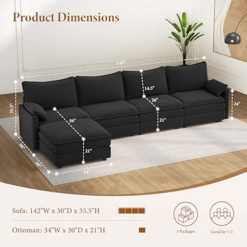 Image of Vesgantti 142 inch Cloud Couch Sectional Modular Sofa, Comfy Sectional Couch with Ottoman Deep Seat Chenille L Shaped Sofa, Modular Couches for Living Room, Bedroom and Apartment, Black