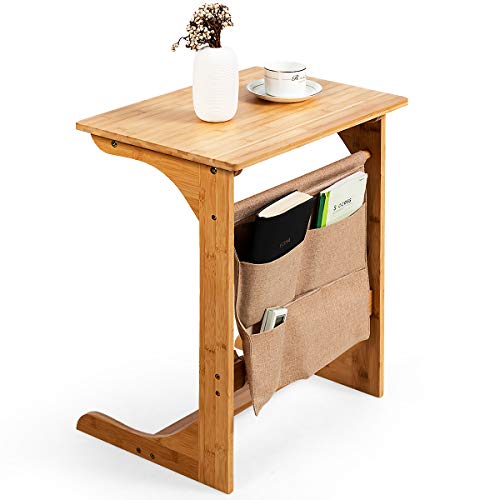 Tangkula Bamboo TV Tray Table for Living Room, Sofa Side Table, Snack End Table w/Storage Bag, C-Shaped Bed Side Table, Multifunctional Side Table for Home, Office