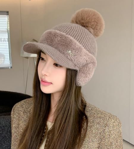Knit Baseball Caps for Women Cute Beret Hats with Earmuffs Pompom Winter Warm Sweet Hats for Cold Weather3