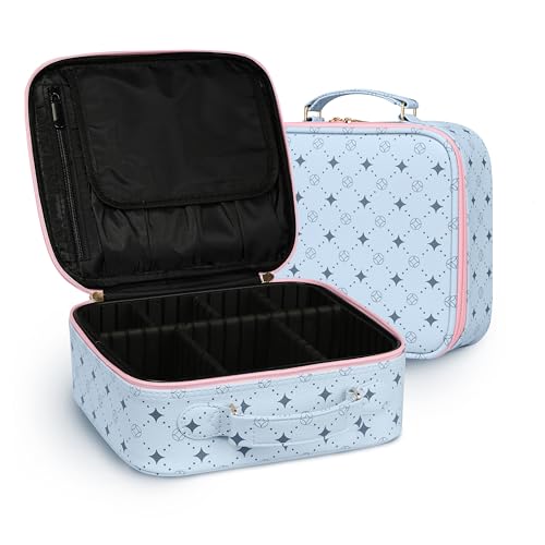 Travel Makeup Bag,Waterproof Cosmetic Organizer, Adjustable Dividers,Portability Cosmetic Train Case,Makeup organizer,Gift for Women,Girls Gift (Blue+Pink)