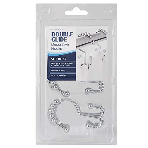 Maytex Shower Curtain Hooks, Shower Curtain Rings, Rust-Resistant Decorative Double Roller Glide Shower Hooks, Shower Rings For Bathroom Shower Rods, Curtains, Liners, Set Of 12, Chrome #TOP5