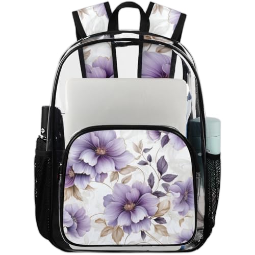 Beautiful Purple Flowers Clear Backpack Stadium Approved PVC Backpacks for Adults Heavy Duty Clear Bag for Work Security Travel College