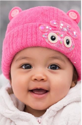 Lekshika Baby Winter Woolen Cap with Cute Ears | Soft Warm Knitted Baby Cap with Cartoon Patch | Infant & Toddler Cold Protection Cap (Pink) 4