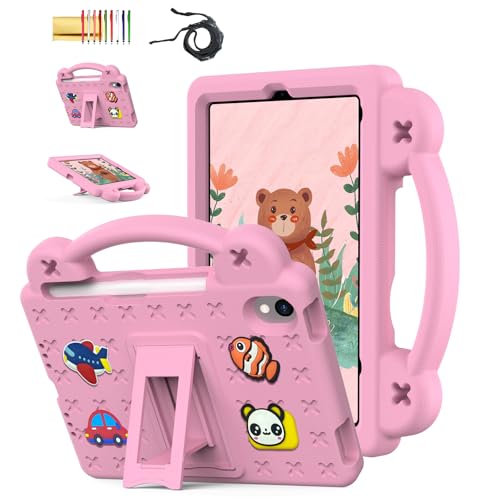 Dteck for iPad mini 7 (A17 Pro, 7th Gen), Mini 6 (6th Gen) 8.3" Kids Shockproof Case with Shoulder Strap, Kickstand, Handle, Cute 3D Cartoon Decor, Drop Proof Protective Lightweight EVA Cover, Pink