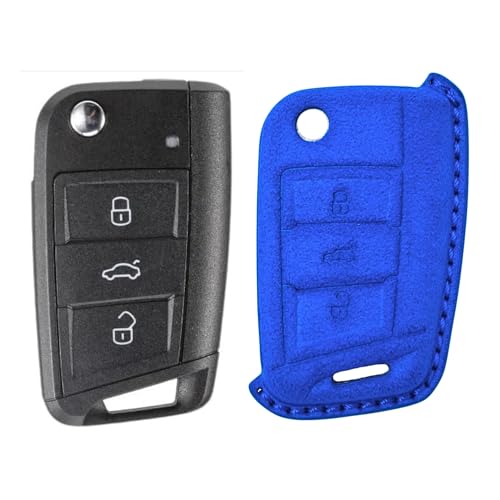 Image of KMH Alcantara Car Key Cover Compatible with Volkswagen Polo Vento Jetta Ameo Passat and Skoda Rapid Laura Superb Octavia Fabia Yeti 3 Button Shell Case Holder Smart Keycover (D1) Blue - Pack of 1