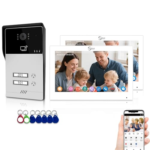 Sistema de videoportero de 4 cables para viviendas de 2 unidades, kit de portero automático con pantalla táctil de 7 pulgadas con desbloqueo 3 en 1, audio bidireccional, monitorización (Blanco)