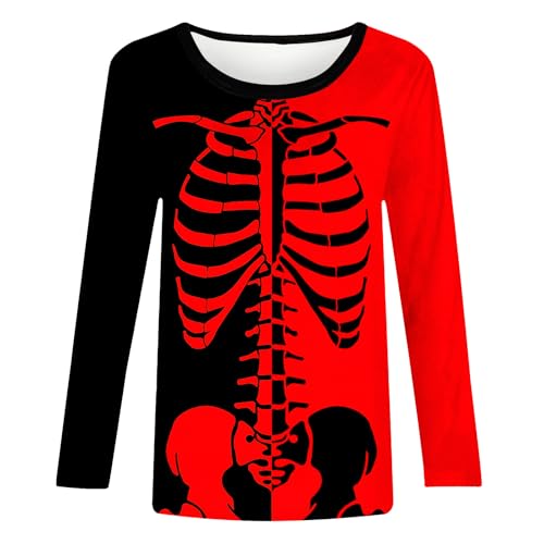 Camisetas femininas de manga longa outono verão gola canoa crânio gráfico feriado halloween kawaii c