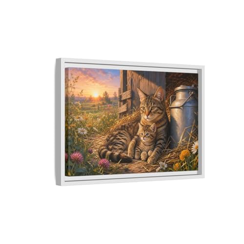 Tableau chat coucher de soleil pour habiller un mur vide au-dessus du canapé toile encadrée 3cm