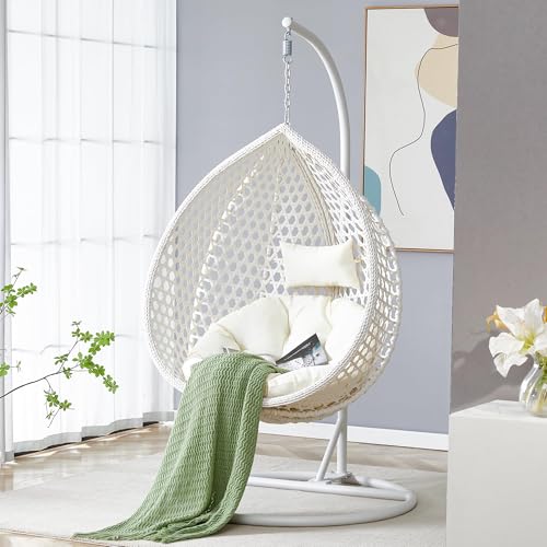 JUFU Egg Swing Chair with Stand,Hanging Egg Chair Indoor Outdoor,Hammock Hanging Basket Chair with Aluminum Steel Frame，Patio Egg Chair with Removable Cushions (White, Pear Design)