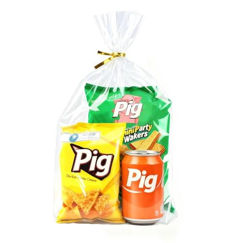 PigPotParty Cellophane Bags 12x16 Inch, 100 Pack Clear Plastic Gift Bags, Bottom Gusset for Stand-Up Display, Medium Cello Wrap for Large Goodies, Treats, Party Favors, Mugs, Includes 100 Gold Ties