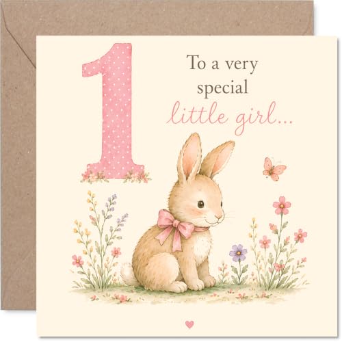 Carte 1er Anniversaire Mignonne Petit Lapin Fleurs Sauvages