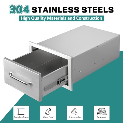 Image of Outdoor Kitchen Drawers 14 inch W x 8.5 inch H x 23 inch D Stainless Steel Drawer BBQ Single Drawers with Chrome Handle for Outdoor Kitchen Island, Patio Grill Station