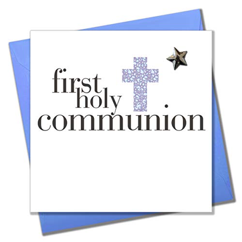 Claire Giles Greeting Cards First Holy Communion Boy Card Blue Cross design Embellished with a shiny padded star