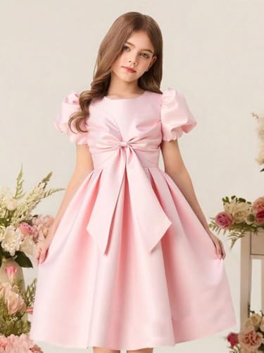 Satin Flower Girl Dress for Wedding Puff Sleeve Bow Knot A-Line Short V-Back Princess Pageant Ball Gowns3