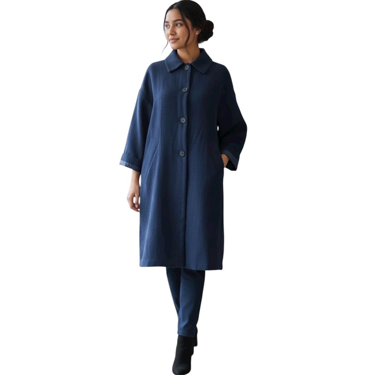 Navy Blue Double Breasted Wool Blend Overcoat For Women, Size L, Formal Winter Coat, Long Sleeve-picture-49