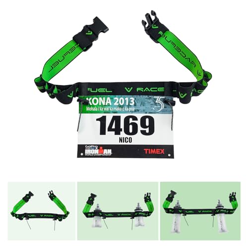 RaceFuel Bande pour numéro de dossard triathlon avec poche pour téléphone portable avec porte-numéro et 6 supports pour bouteille souple ou gel pour jogging, cyclisme, marathons, Sans sac, Taille