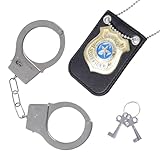 Police Costume Accessories Adult - Police Badge Fake Handcuffs with Keys Set, Cop Costume Accessories, Detective Costume Role Play Dress Up, Spy FBI Agent Costume Accessories (Gold)