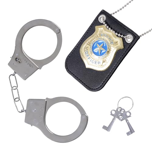 Police Costume Accessories Adult - Police Badge Fake Handcuffs with Keys Set Cop Costume Accessories Detective Costume Role Play Dress Up Spy FBI Agent Costume Accessories (Gold)