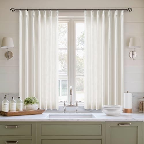 Image of Natural Linen Kitchen Curtains 45 Inches Long 2 Sets Basement Curtains for Small Window Cream Ivory Pinch Pleated Back Tab Linen Blend Short Boho Semi Sheer Back Tab Drapes for Bay Windows 40x45